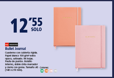 Cuaderno con cubierta rígida. Papel blanco 100 g/m² extra opaco, satinado. 96 hojas. Pauta de puntos. Bolsillo interno, doble cinta marcador y cierre con goma. Tamaño A5 (148 x 210 mm).